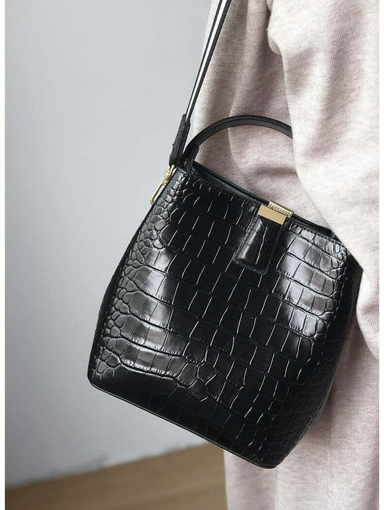 Genuine Leather Handbags Designer Crocodile Pattern Bucket Bag Shoulder Bag