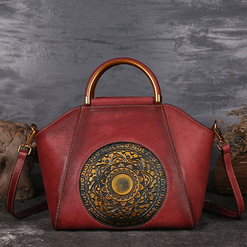Womens Retro Genuine Leather Handbag Totem Embossing Shoulder Bag Tote Red