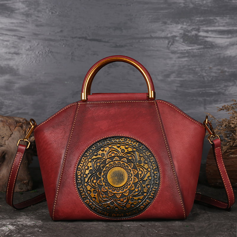 Womens Retro Genuine Leather Handbag Totem Embossing Shoulder Bag Tote Red