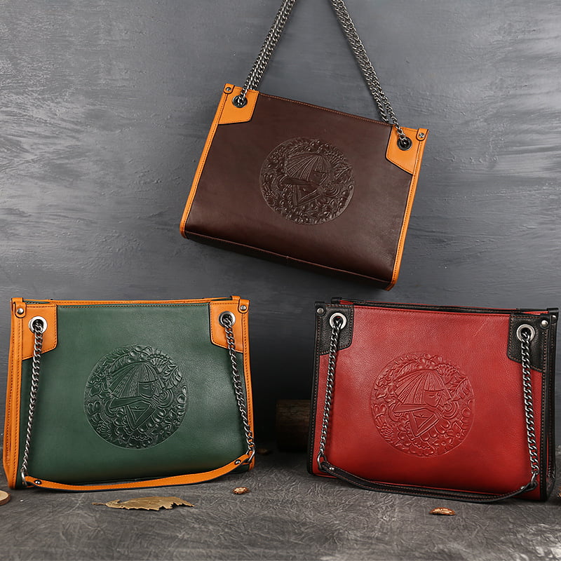 Embossing Totem Chain Bag Women's Genuine Leather Shoulder Bags