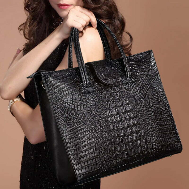 Black Croc Embossed Genuine Leather Handbags Satchel Bags for Work